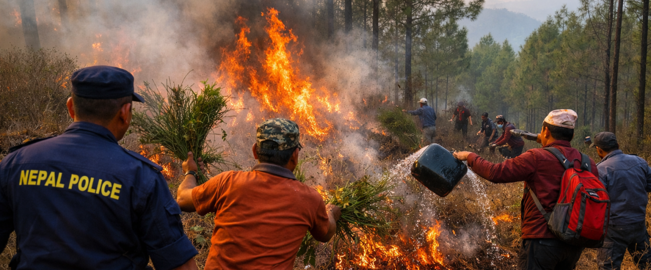धनकुटाको सामुदायिक वनमा आगलागी: प्रहरी र स्थानीयद्वारा आगो नियन्त्रणमा सक्रिय भूमिका
