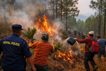 धनकुटाको सामुदायिक वनमा आगलागी: प्रहरी र स्थानीयद्वारा आगो नियन्त्रणमा सक्रिय भूमिका